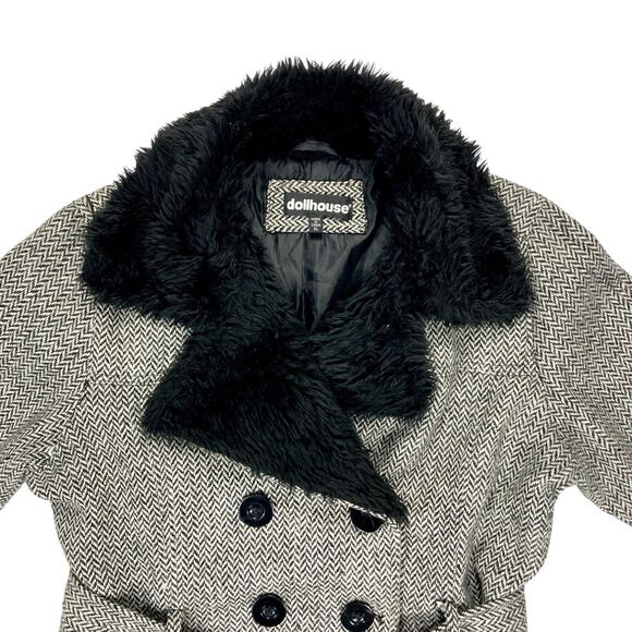 Dollhouse Tweed Wool Coat XL Faux Fur Collar & Cuffs Modern Chic Elegant Jacket - Picture 2 of 16